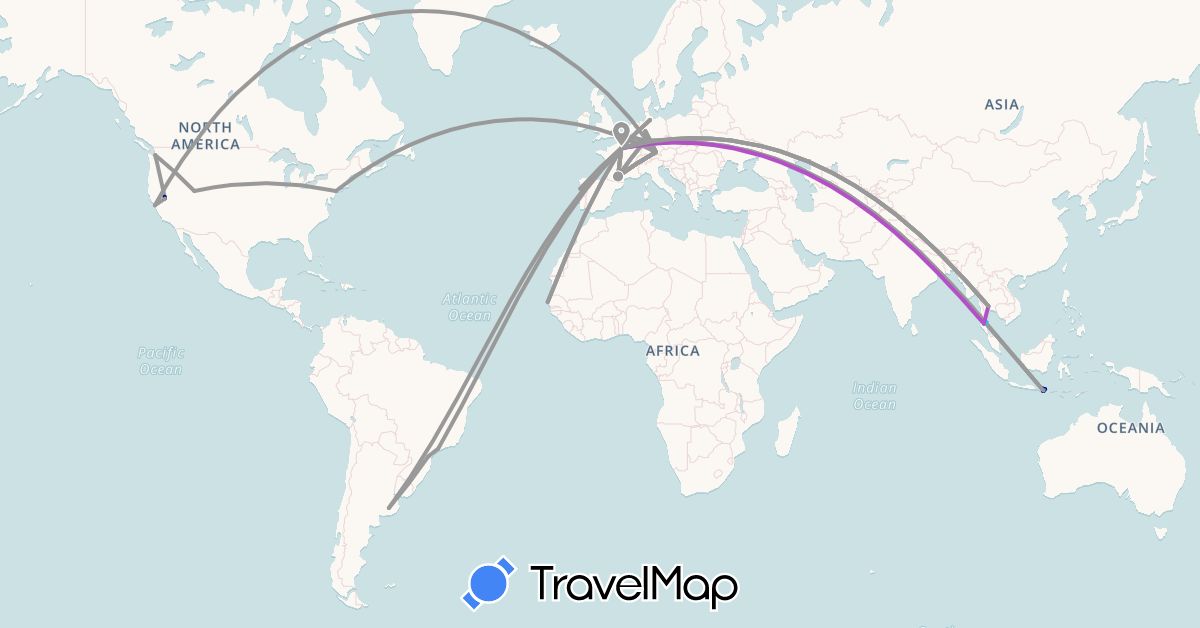TravelMap itinerary: driving, plane, train, boat in Argentina, Brazil, Germany, France, United Kingdom, Indonesia, Poland, Portugal, Senegal, Thailand, United States (Africa, Asia, Europe, North America, South America)